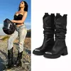 Luxusmarke Motorrad Damen Waden stiefel Plattform klobige High Heels Goth Metal Punk Schuhe für Frauen Winter bequeme Design Stiefel