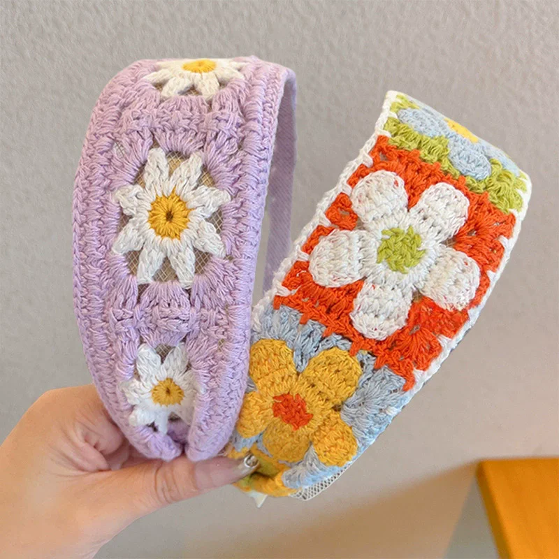 Breite Häkeln Haar Hoops Stirnband Damen Blume Süße Kopfbedeckung Lünette Haarband Mode Stricken Haar Zubehör Kopf Hoops Image