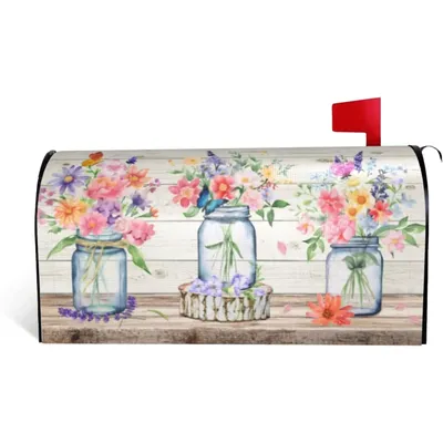 Summer Mailbox Cover Standard 18 X 21 Inch Floral Jars Magnetic Mailbox Cover Waterproof Post Wraps