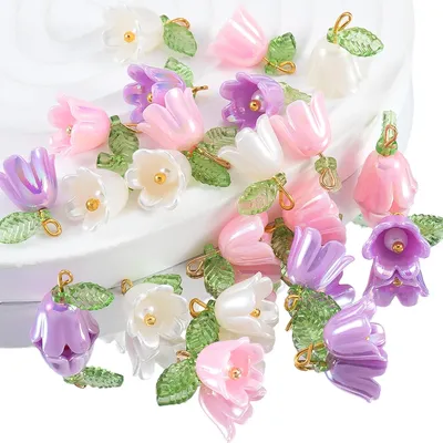 10pcs Cute Acrylic Pearl Bell Orchid Pendant Green Leaf Flower DIY Jewelry Making Accessories
