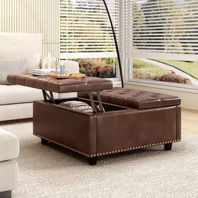 Extra Large Faux Leather Storage Ottoman Coffee Table Oversized Tufted Upholstered Square Ottoman