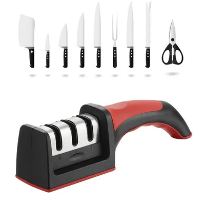 LMETJMA 3-Stage Knife Sharpener with 1 More Replace Sharpener Manual Kitchen Knife Sharpening Tool