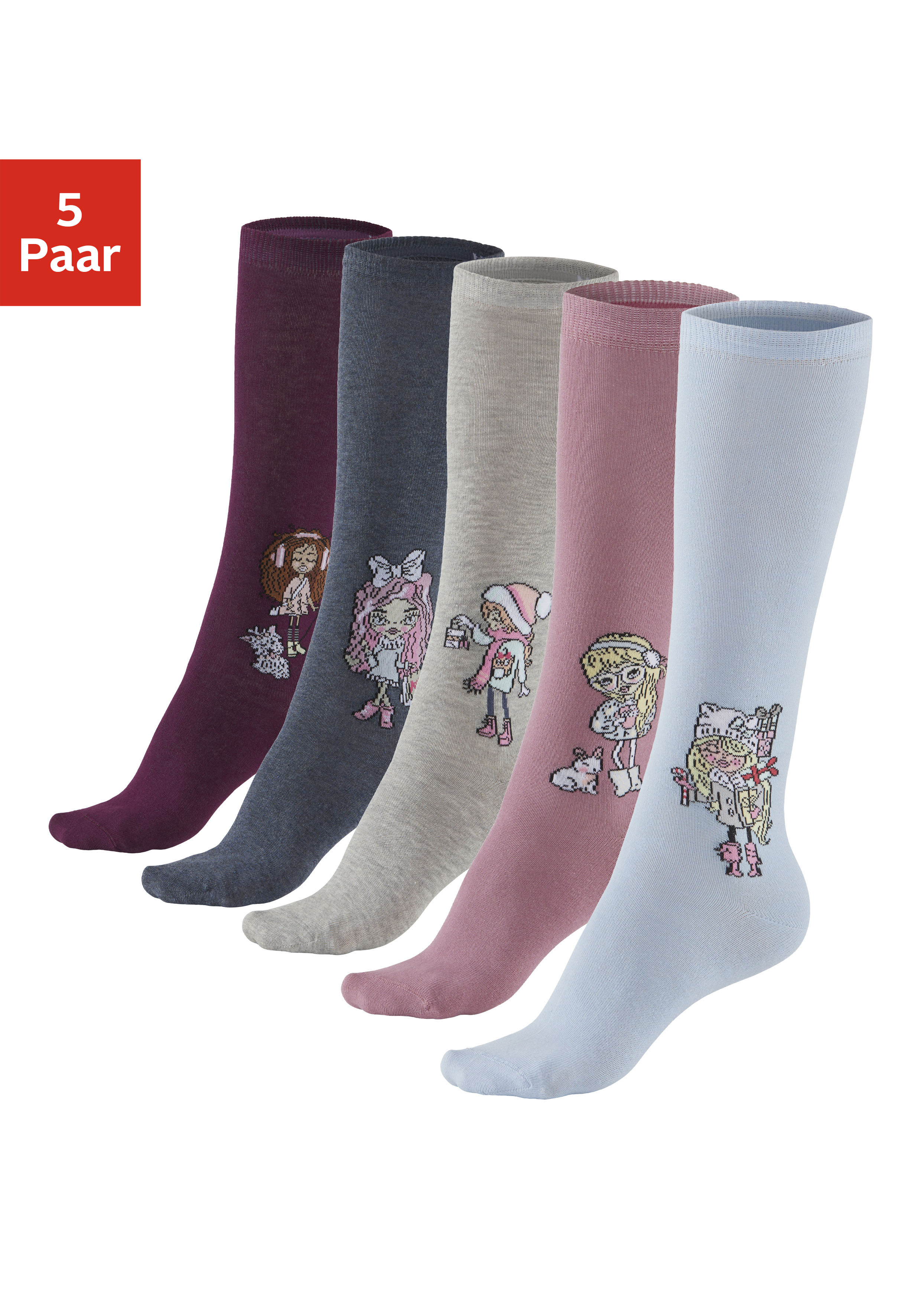 Kniestrümpfe H.I.S, Kinder, Gr. 39-42, bunt (grau melange, hellblau, jeans melange, pflaume, alt rosa), Baumwolle, Elasthan, Polyamid, unifarben, normal, Socken, mit eingestricktem Motiv Image