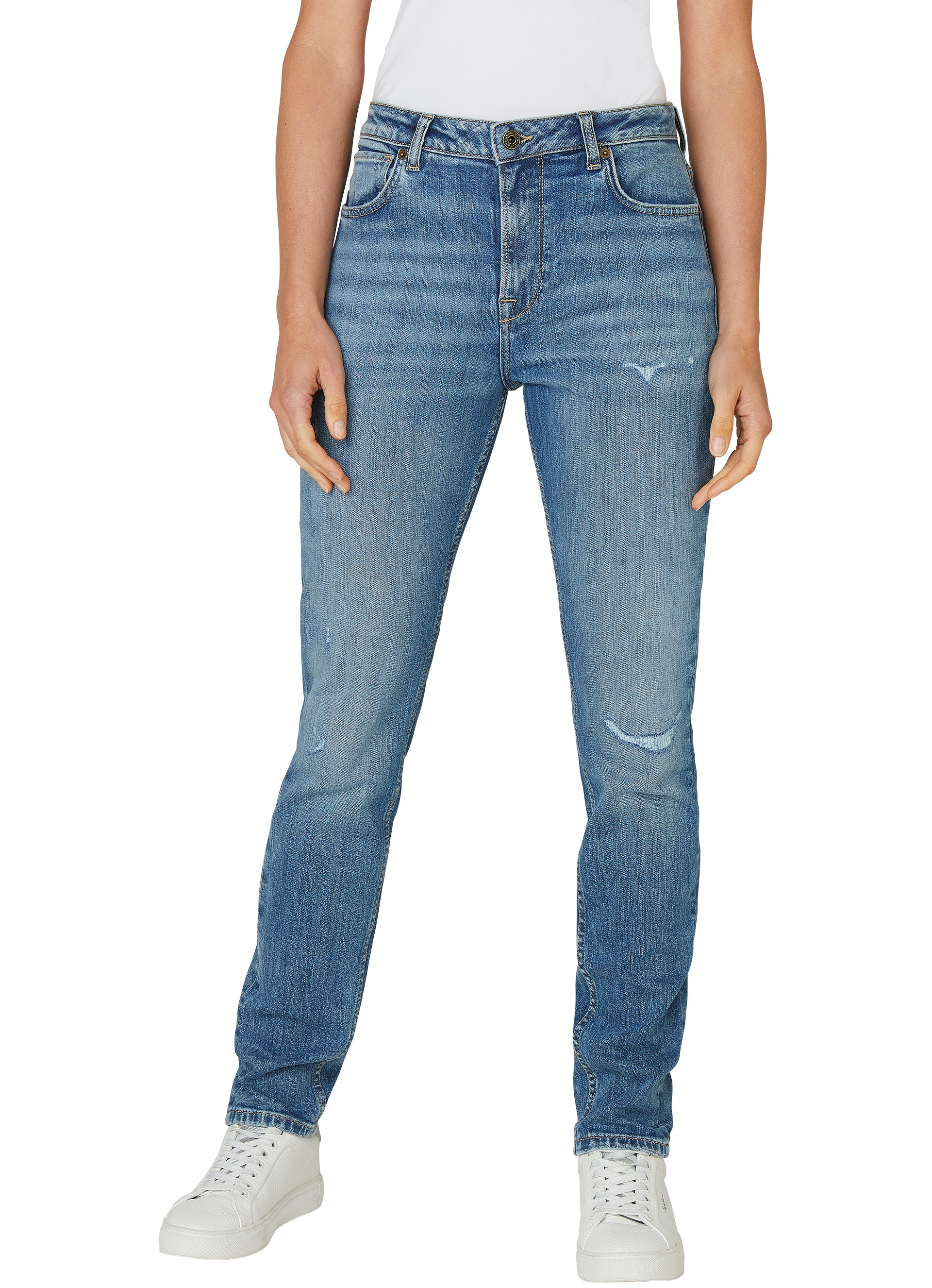 High-waist-Jeans PEPE JEANS "TAPERED JEANS HW", Damen, Gr. 30, Länge 32, light destroyed blau, Denim/Jeans, Obermaterial: 99% Baumwolle, 1% Elasthan, Destroyed-Effekte, gerade, unten schmal lang, Jeans High-Waist-Jeans
