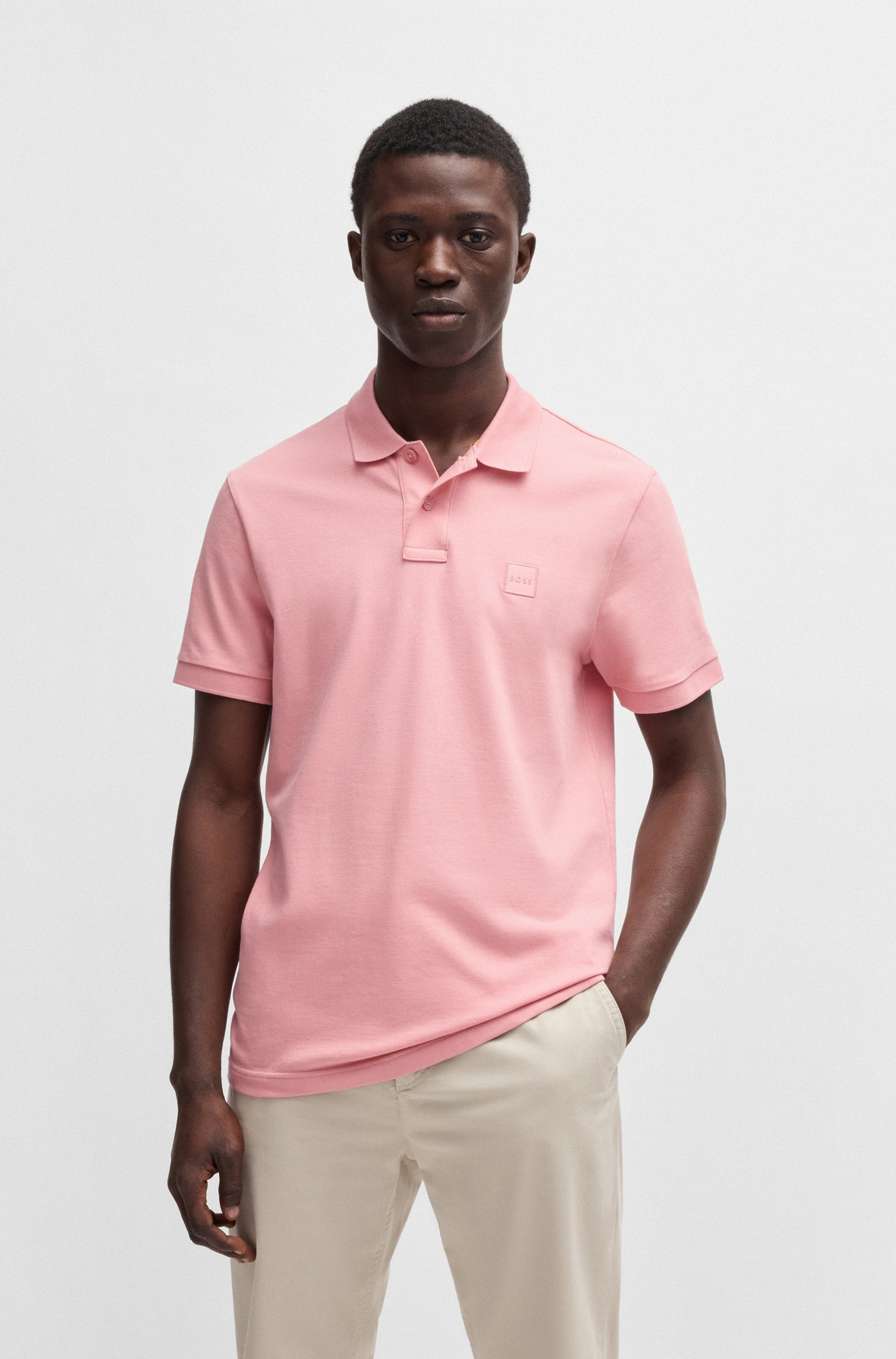 Poloshirt BOSS ORANGE "Passenger", Herren, Gr. L, rosa (open pink694), Jersey, Obermaterial: 95% Baumwolle, 5% Elasthan, unifarben, Basic hüftbedeckend, hoch geschlossener Ausschnitt, eng Bündchen, Shirts, mit Polokragen