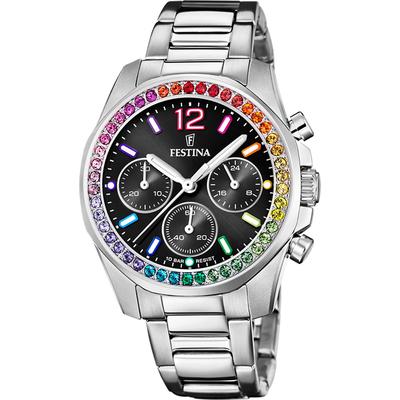 Chronograph FESTINA "Boyfriend Collection", silber (silberfarben), Armbanduhren, Damen, Quarzuhr, Armbanduhr, Damenuhr, Edelstahlarmband, analog,Stoppfunktion Image