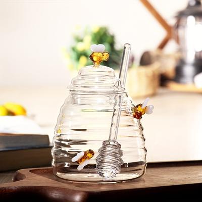 TEMU A Large-capacity Glass Honey Jar For Festivals, Featuring A Honeycomb Design And 3 Small Bees. Image