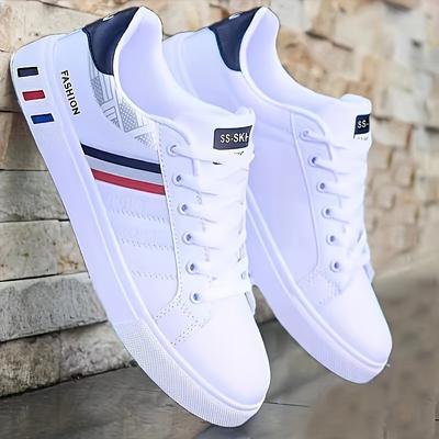 TEMU Men's Low--train Sneakers - White With Stripes, Lace-up Closure, Durable Pu Upper & Pvc Sole, Breathable Fabric Lining, Casual Sneakers For Casual Attire, Sleek Sporty Design | Comfortable Lining Image