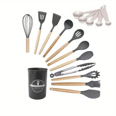 TEMU Non Stick Silicone Kitchenware Set Of 17pcs, With Handle, Spoon, Mixer, And Storage Rack For Baking And Cooking Utensils Image