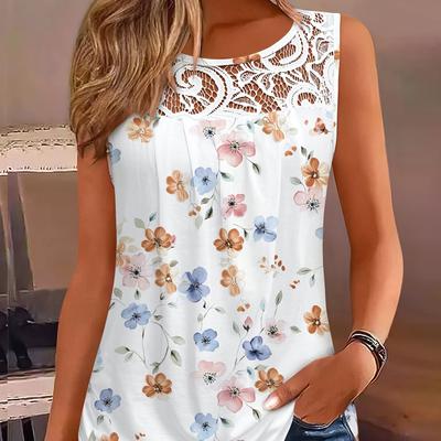 TEMU Women's Sleeveless Floral Print Tank Top With Lace Trim - Casual Summer Blouse, Pastel , , Blue & Orange Flowers, Elegant Feminine Style, Summer Tank Tops Image