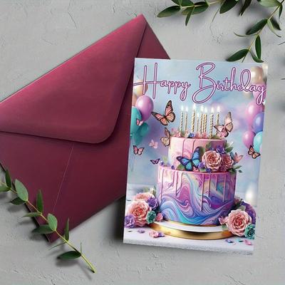 TEMU Colorful Birthday Cake Greeting Card, Pink And Purple Rose, Blue And , Personalized Congratulations Card, For , Paper Art Stationery (1pc Image