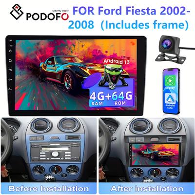 TEMU Podofo 4+64g Car Stereo For Ford Fiesta 2002-2008 (frame Included) Double Din Radio With 9 Inch Touch Screen, Carplay Auto Radio With Gps Navigation//dsp/wireless+ahd Backup Camera Image