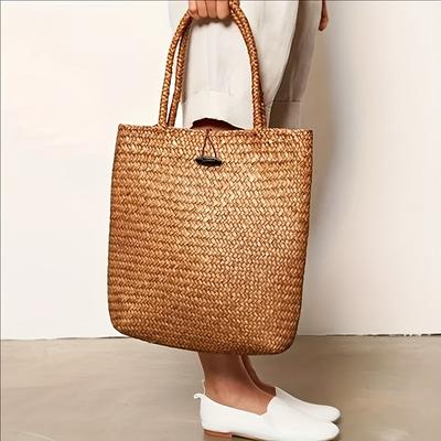 TEMU Large Capacity Woven Straw Tote Bag For Women - Yellow, Durable Fabric, Beach, Travel, Shopping, And Daily Use, Beach Tote Bag|versatile Tote Bag|durable Handle Bag, Beach Bag Image