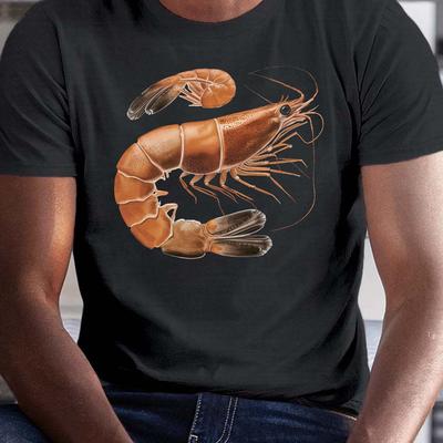 TEMU Men's Casual Short Sleeve T-shirt With Unique Orange Shrimp Print - Breathable Polyester, Machine Washable - Summer, Dark Background, Tee Shirt Image