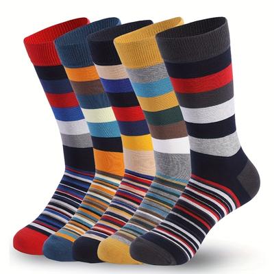 TEMU Assorted Colors 5 Pairs Mid-calf Socks - Yq - Unisex Striped Combo For All Image
