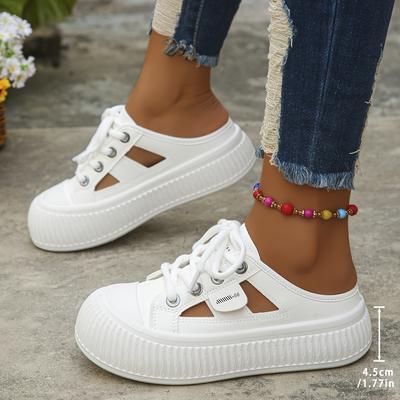TEMU Women's Breathable Cut-out Sneakers - Comfortable Low-top Lace-up Shoes, Beige & White, Casual Sporty Design With Ventilation Holes, Spring And Summer Outdoor Activities Image