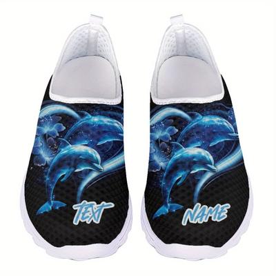 TEMU Dolphin Print Slip-on Footwear - Comfortable, Breathable Mesh Sneakers For All, Anti-slip Eva Sole, Black With Design Image