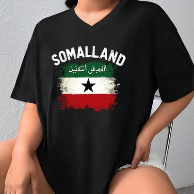 TEMU Women's Vintage Somaliland Flag Graphic V-neck T-shirt - Black Geometric Print, Sporty , Large Size, Machine Washable, , Comfortable Clothing, Cultural Fashion, Durable Fabric Image
