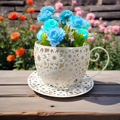 TEMU 1pc Vintage Style Hollow Flower Pot, Decorative Planter With Coffee Cup Design, Lightweight Metal Garden Pot For Patio, Balcony, And Garden Decor, Flower Pots For Garden Image