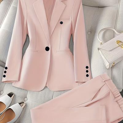 TEMU High-end Fashion Women's Suit Slim Fit Casual Solid Color Lapel Jacket + Long Pants Set Image