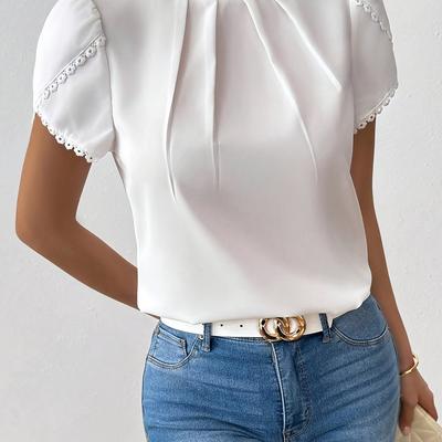 TEMU Women's Elegant Lace Trim Sleeve Blouse - Lightweight Semi-sheer Round Neck Shirt, Machine Washable Spring Summer Top For Casual & Formal Wear, , Solid Image