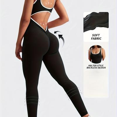 TEMU Women's High-stretch Jumpsuit - Sexy Backless & Uniform With Thigh Toning, Ribbed Cuffs & Hem, Black Image