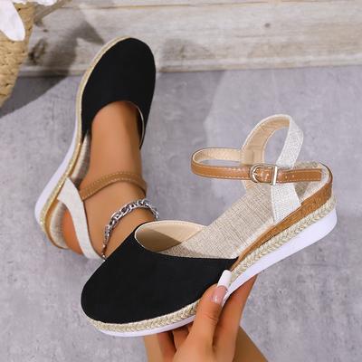 TEMU Women's Elegant Solid Color Round-toe Sandals With Thick Platform Wedge Heel, Ankle Strap Closure & Breathable Fabric Upper - Summer Casual & Formal Shoes For Beach Vacations, Durable Rubber Sole Image