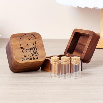 TEMU Custom Engraved Vintage Wooden Keepsake Box For Cord And Hair - Personalized Shower Gift, Elegant Storage Solution With Glass Jars, New Parents And Home Organization Image
