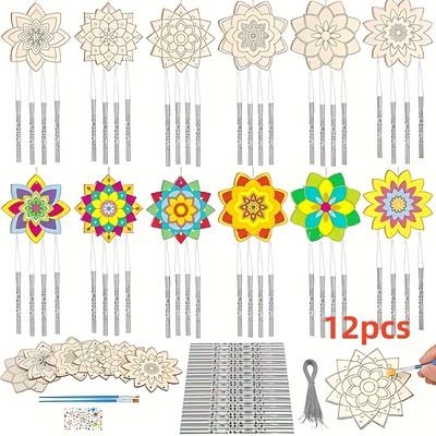 TEMU 12pcs Diy Wooden Mandala Lotus Wind Chime Craft Kit - Color By Numbers Unfinished Wood Ornaments With Hanging Strings & Decorative Pieces For Birthday Parties, Events, School, And Home Supplies Image
