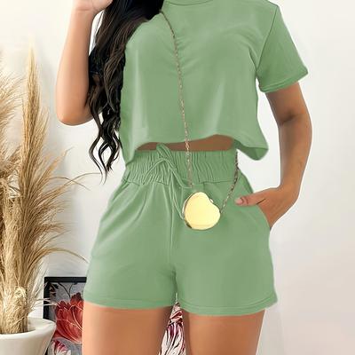 TEMU Chic Solid Color Casual Short Sleeve Top And Floral Shorts Set With Pockets For Women Image