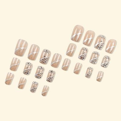 TEMU 24pcs Pink Rhinestone Press-on Nails, Long Square Artificial False Nails With For Women Image
