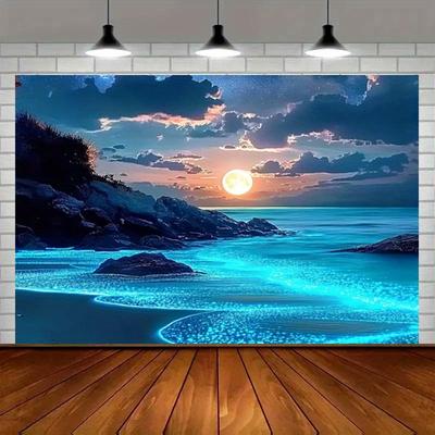 TEMU And Moon Tapestry - Vibrant Polyester Wall Hanging With , Shoreline, And Glowing Shoreline , Bedroom, Dormitory, Or Party Decor, Dormitory Tapestry | Art | , Beach Theme Decor Image