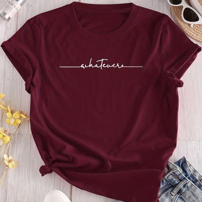"TEMU Women's Casual Short Sleeve Crew Neck T-shirt With "" Print, Polyester Spandex , Knit Fabric With Stretch For Spring/summer/fall" Image