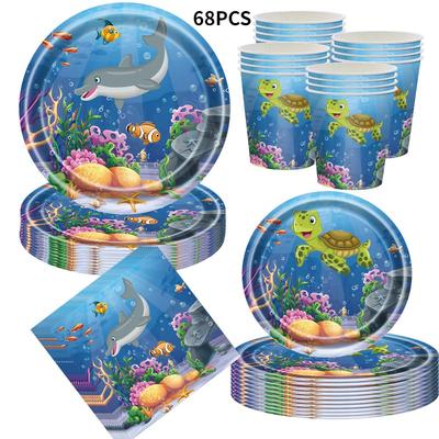 TEMU 68pcs Ocean Under The Sea Birthday Party Plates, Napkins Cups Set, Sea Animal Theme Party Tableware Kits Party Decorations Favors For Underwater Dolphin Fish Birthday Party Image