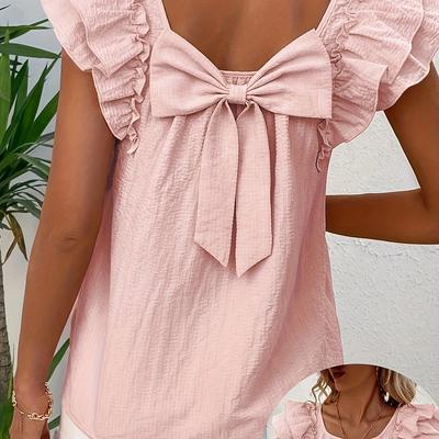 TEMU Women' Neck Sleeve Blouse With Back Bow Detail - Lightweight Breathable Casual Top For Spring/summer, Solid Color Machine Washable Regular Fit Shirt, Summer Fashion, Nontransparent Fabric Image
