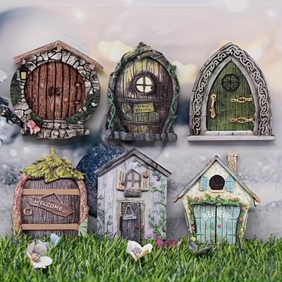 TEMU 6pcs Vintage 3d Elf Door Set, Resin Wooden Gnome Garden Portal, Double-layer Fairy Decoration, Easter Desktop Display, No Electricity Required Image
