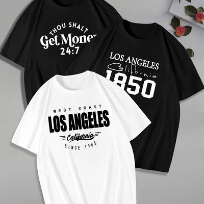 TEMU Set Of 3 Large Men's T-shirts With Geometric Patterns - Los Angeles, California Themed, Plus Size Image