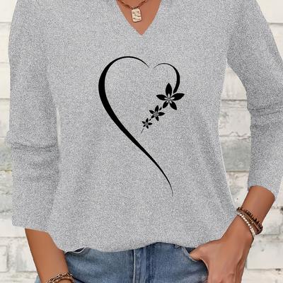 TEMU Women's Casual V-neck Three-quarter Sleeve T-shirt - Floral Heart Graphic Print, White With , Medium Stretch, Machine Washable, Versatile Top, , Graphic Tee, Stretch Fabric, Image
