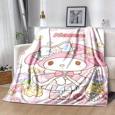TEMU Personalized My Melody Flannel Blanket – Soft, Warm, Custom Name Option, Pink With Floral And – Ideal For Bed, Sofa, Chair, Or Picnic Use – Perfect Gift For All , Personalized Blanket Image