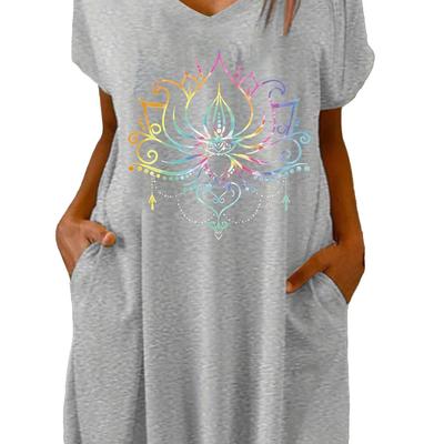 TEMU Women's Plus Size V-neck Batwing Sleeve Dress With Pockets - Colorful Gradient Floral Totem Print, Stretchy Polyester Blend, Casual Night Dress For All , Casual Wear Dress| Dress|pocketed Dress Image