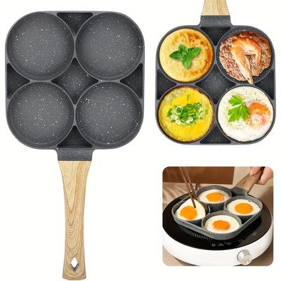 TEMU Pack Of 1 Egg Pan With Wooden Handle, 4- Breakfast Cooking , Eggs, , Compatible With Gas Stoves, Dishwasher Safe, Aluminum Material New Image