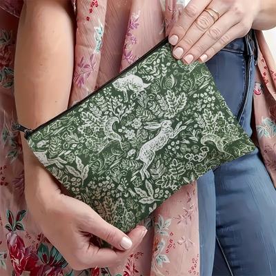 TEMU Vintage Floral Makeup Organizer Bag For Women - Light Green With White Birds And Branches Design, Compact Travel Cosmetic Pouch, Cosmetic Storage Organizer, Makeup Ba Image
