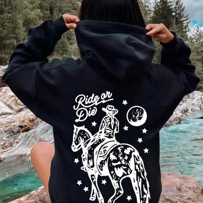 TEMU 1pc Women's Casual Polyester Hoodie With Drawstring - Geometric Animal & Alphabet Print, Knit Fabric Hooded Sweatshirt For Fall/winter Image