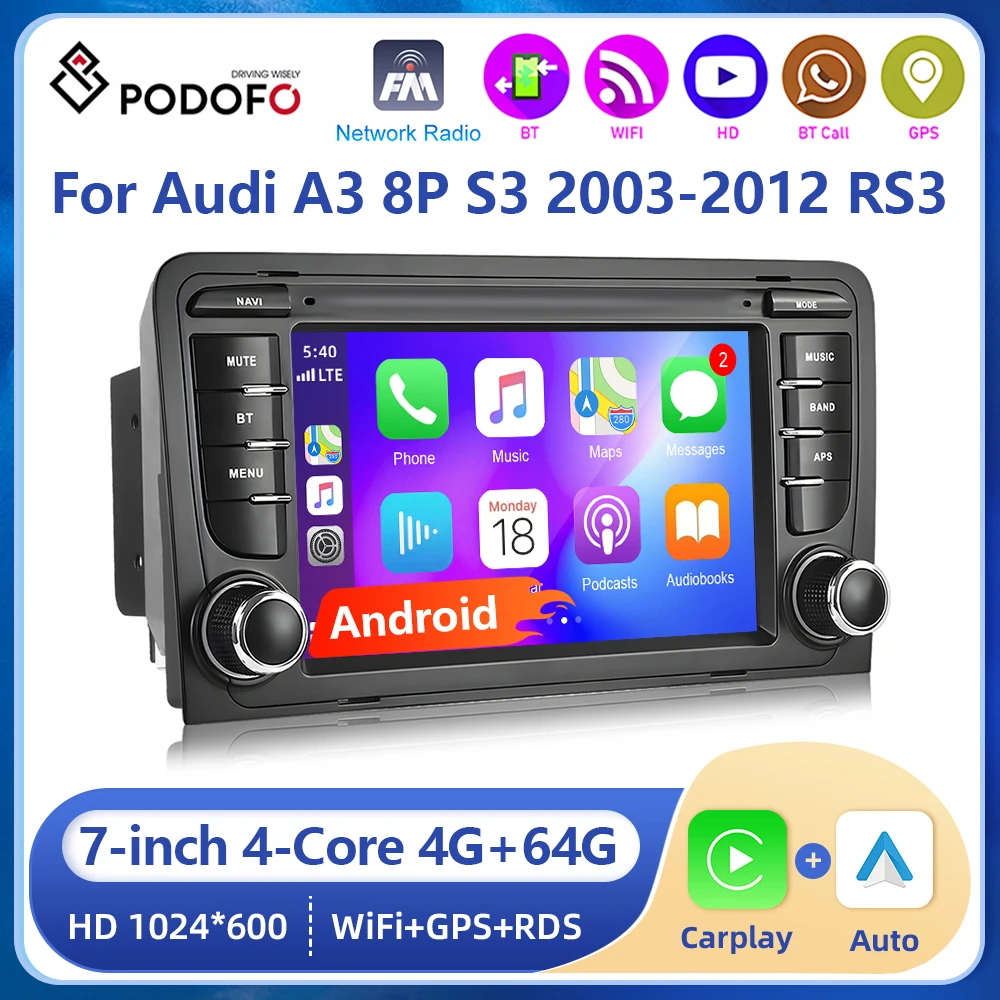 Podofo Drahtlose Carplay 2 din Android Auto Radio Für Audi A3 8P S3 2003-2012 RS3 Sportback multimedia GPS Audio Kopf Einheit Image