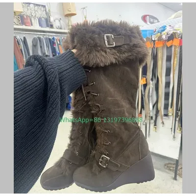 Lady Dark Brown Suede Wedges Heel Vintage Boots Punk Style Retro Buckle Knee Boots Fur Zipper New Arrive Runway Fall Boots Size