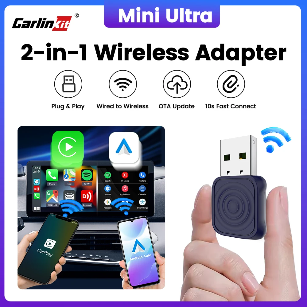 2026 Carlinkit 2-In-1 Android Auto Wireless Carplay Adapter Smart Mini Ultra Bt Wifi USB Dongle für Toyota Volvo Benz Kia Mazda Image