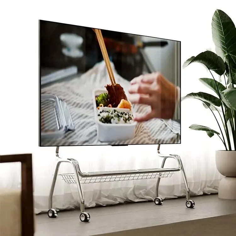 TV-Ständer, nordische TV-Mobilhalterung, Wohnzimmer, Zuhause, modern, schlicht, Boden, 32–75 Zoll, Edelstahl-Aufhänger mit Rollen, TV-Schrank