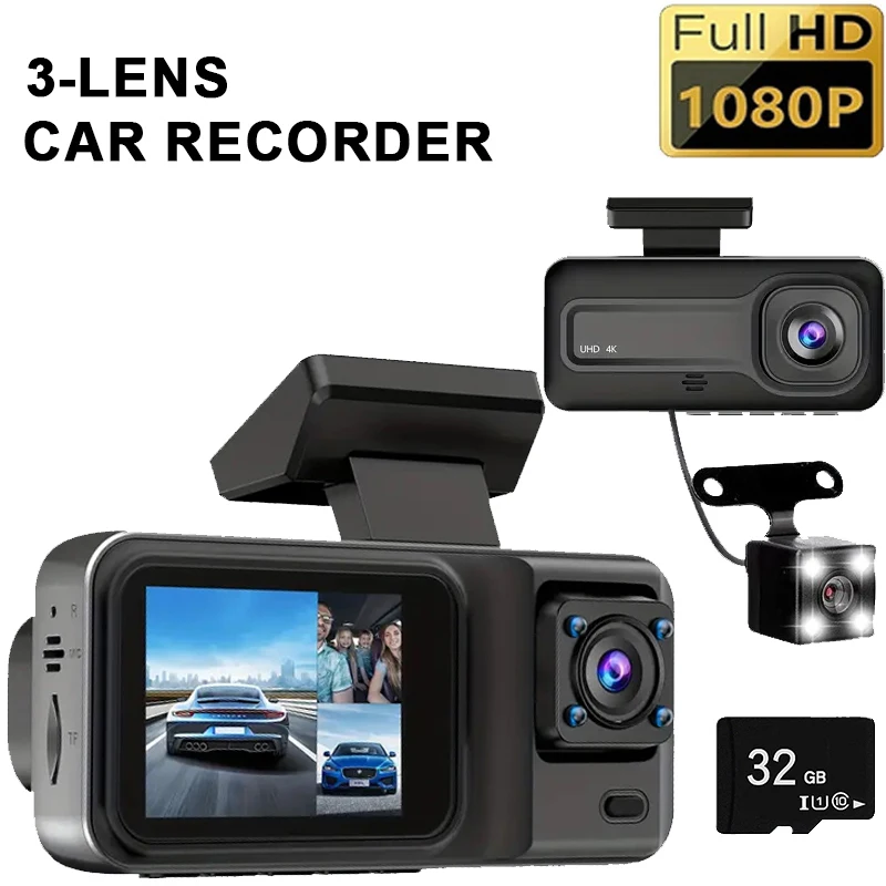 3-Kanal-Dashcam für Autos, Kamera, Black Box, 1080P, Videorecorder, Rückfahrkamera für Fahrzeug, Auto, DVR, Autozubehör Image