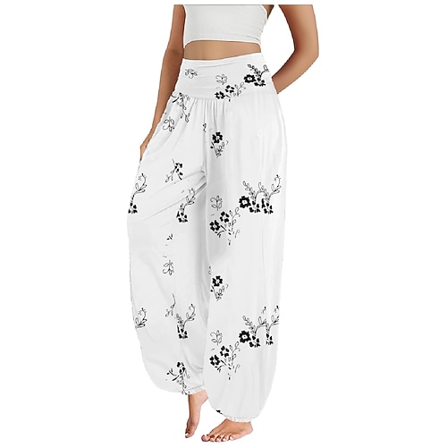 Damen Kunstbaumwollleinen Weites Bein Hosen Hose Ethno-Stil Lässig Boho Volle Länge Hohe Taille Blumen Blatt Tropisch Tasche Elastischer Bund Drucken Atmungsaktivität Weich Mikroelastisch Outdoor Yoga Image