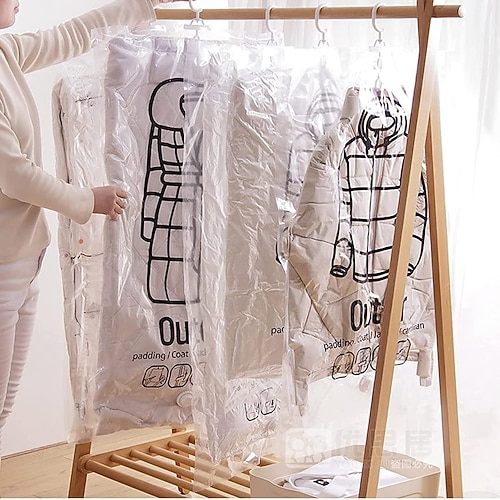 5 Stück hängende Vakuum-Aufbewahrungsbeutel mit Handpumpe, verdickte Kompressionsbeutel für Daunenjacken, Steppdecken, Kleidung, platzsparender Hänge-Organizer, Vakuum-Aufbewahrungsbeutel für den Schrank Image